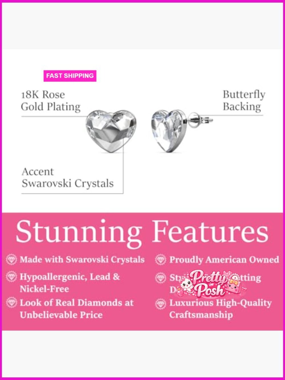18k White Gold-Plated Heart Stud Earrings with Simulated Diamond Crystals - Picture 2 of 7